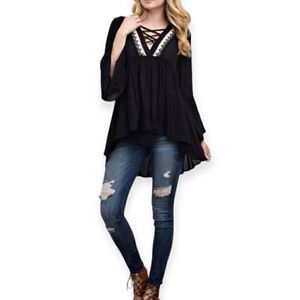 JODIFL BLACK BELL SLEEVE PEASANT TOP SZ.S NWT